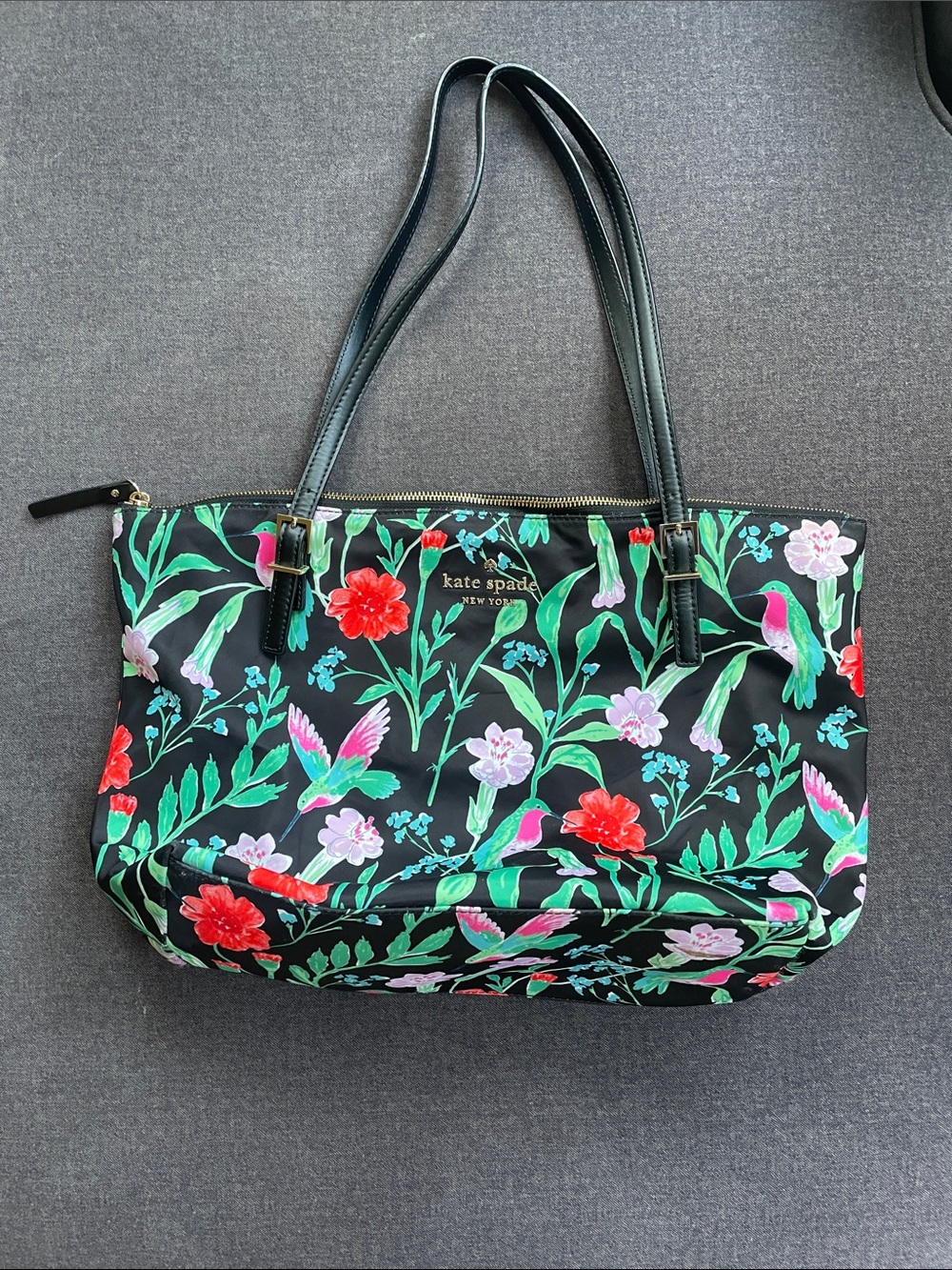 kate spade Black Floral & Hummingbird Tote with Green Accents